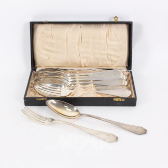 Satz Speisebesteck für 6 Personen, best. aus 6 Gabeln u. 6 Löffeln im Etui