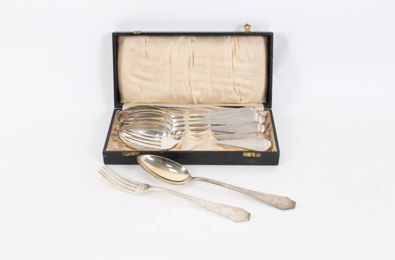 Satz Speisebesteck für 6 Personen, best. aus 6 Gabeln u. 6 Löffeln im Etui