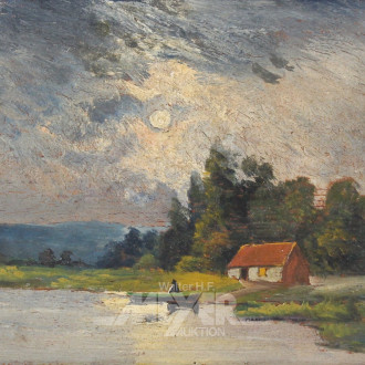 kl. Gemälde 'Fischerboot im Mondschein'