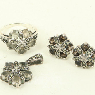 3-tlg. Schmuckset in 925er Silber, mit Markasitbesatz u. Farbsteinen