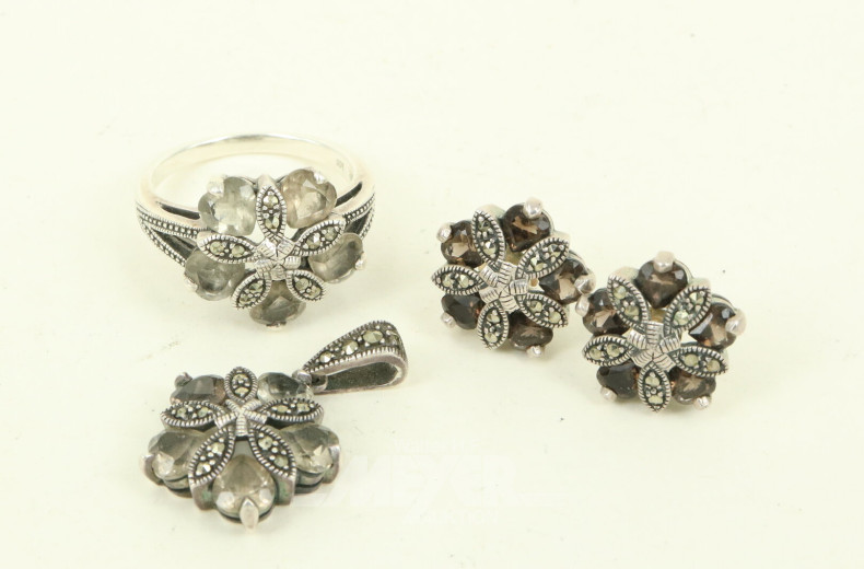 3-tlg. Schmuckset in 925er Silber, mit Markasitbesatz u. Farbsteinen