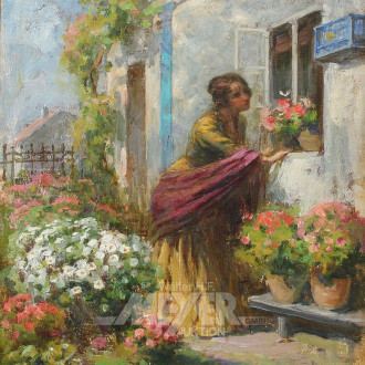 Gemälde "Junge Frau im Blumengarten"