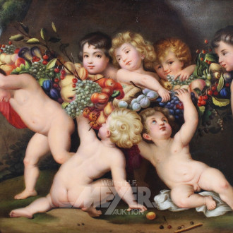 kl. Porzellanbild, allegorische Szene "Die Früchtegirlande"