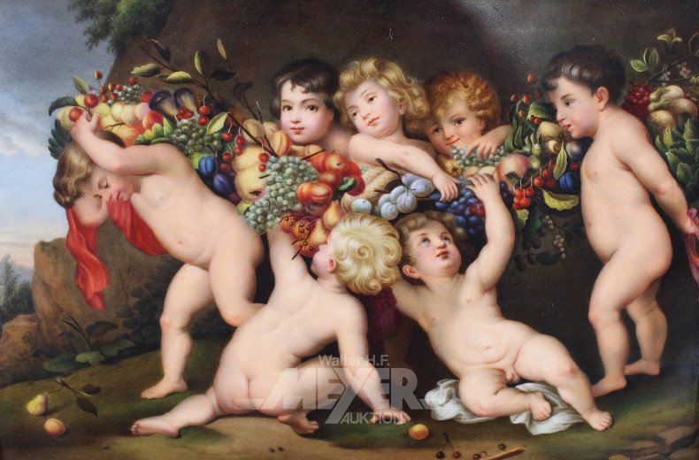 kl. Porzellanbild, allegorische Szene "Die Früchtegirlande"