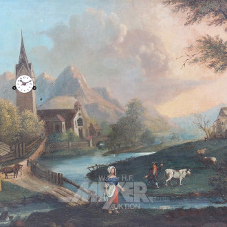 Bilderuhr, Biedermeier, Uhr eingebettet in bäuerlicher Landschaftsszene