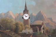 Bilderuhr, Biedermeier, Uhr eingebettet in bäuerlicher Landschaftsszene