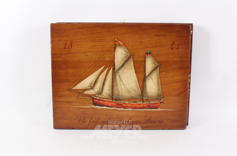 2 Segelschiffdarstellungen auf Holzplatte