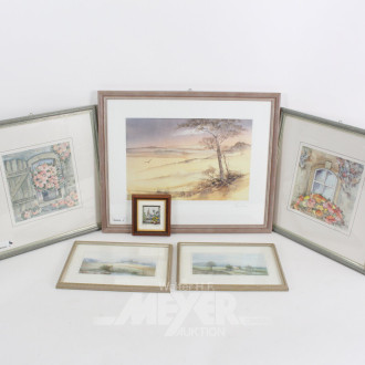 6 versch. Bilder / Grafiken "florale Fensteransichten u. Landschaften" u. Radierung "Frankfurt"