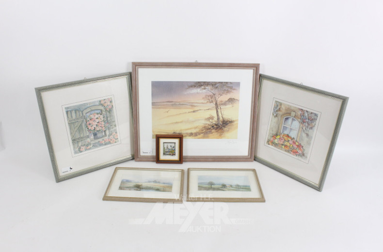 6 versch. Bilder / Grafiken "florale Fensteransichten u. Landschaften" u. Radierung "Frankfurt"