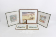 6 versch. Bilder / Grafiken "florale Fensteransichten u. Landschaften" u. Radierung "Frankfurt"
