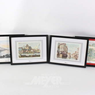 4 Druckgrafiken mit Stadt- u. Landschaftsszenen