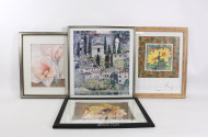 4 Kunstdrucke mit Blumendarstellungen u. 1 Dorfansicht