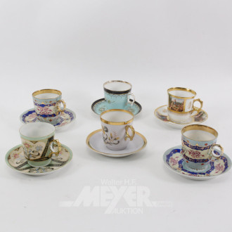6 versch. Porz.-Mokkatassen mit Unterteller
