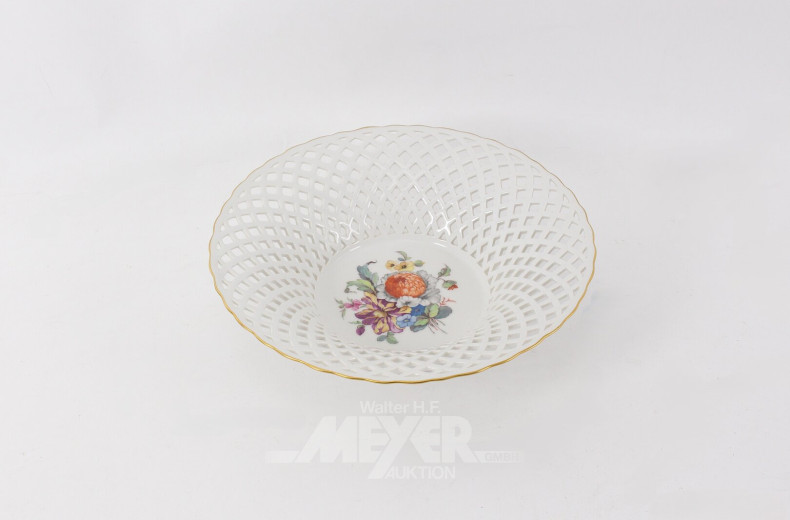 Porzellan-Gebäckteller mit Blumendekor und durchbr. Wandung