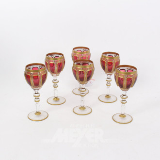 6 böhmische Weingläser, rubinrot mit Vergoldung