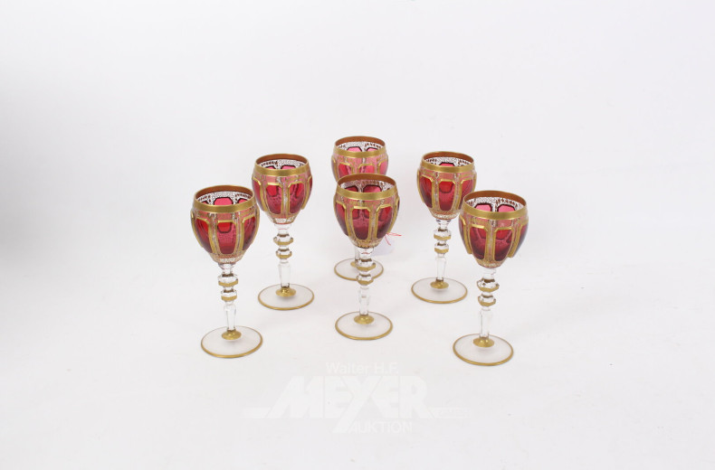 6 böhmische Weingläser, rubinrot mit Vergoldung