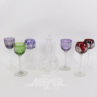 6 farb. Römergläser u. 1 Karaffe