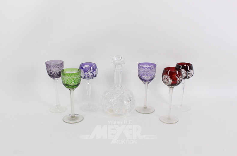 6 farb. Römergläser u. 1 Karaffe