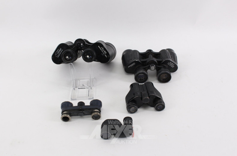 3 versch. Ferngläser, 1 Opernglas u. 1 Monokular