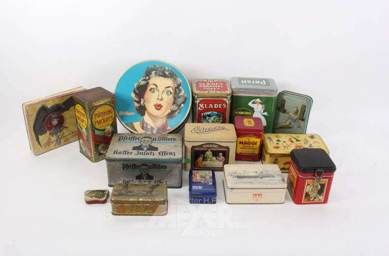kl. Sammung div. kl. Blechdosen mit Werbeaufdruck