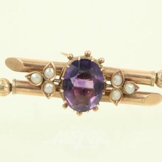 Brosche, besetzt mit 1 Amethyst u. 6 kl. Halbperlen