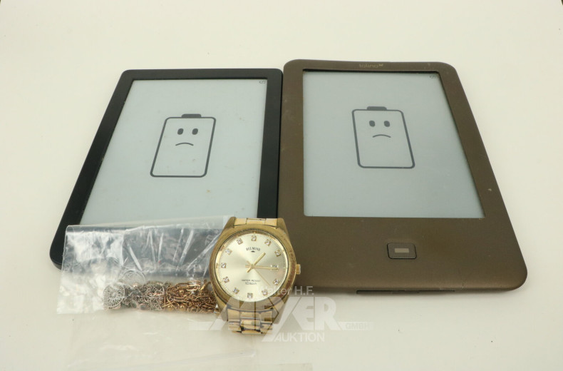 Konvolut, best. aus 2 Tolino E-Book-Reader, 2 Ketten u. 1 Herrenarmbanduhr