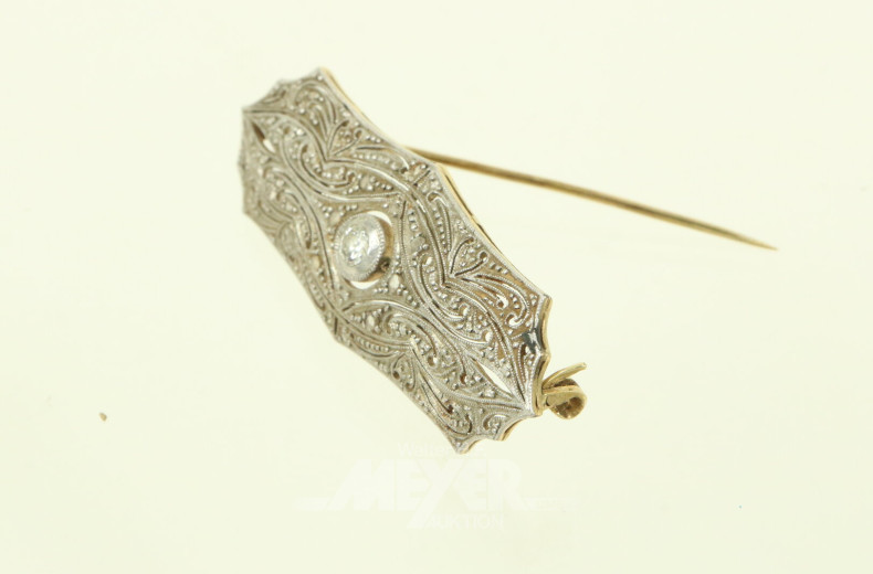 Art Déco Brosche mit 1 Brillant u, kl. Diamantrosen
