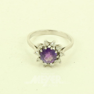 Ring mit lilafarbenem Farbstein u. 12 kl. Diamanten