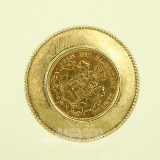 Broschenanhänger mit Goldmünze 20 Mark Freie u. Hansestadt Hamburg 1899