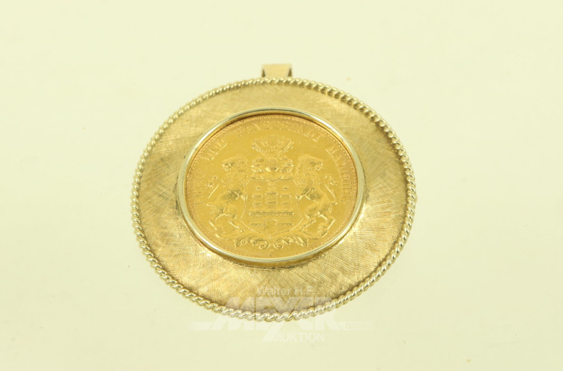 Broschenanhänger mit Goldmünze 20 Mark Freie u. Hansestadt Hamburg 1899