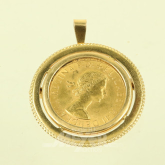 Broschenanhänger mit Goldmünze Großbritannien 1 Sovereign Elisabeth II. 1958