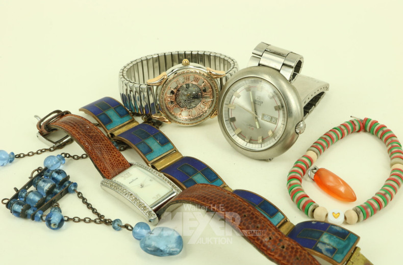Konvolut mit etw. Modeschmuck sowie 3 Armbanduhren, darunter Tissot, Fossil u. Ratìus
