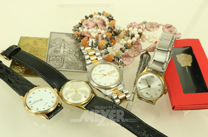 Konvolut Modeschmuck, sowie 4 Armbanduhren u. 1 Opernglas