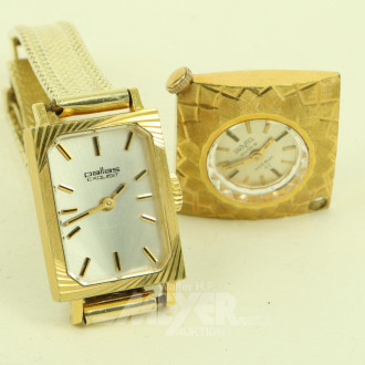 Edelstahl-Armbanduhr von Pallas mit Armbänder in 585 GG u. 1 Kettenuhr von Provita, Edelstahl vergoldet