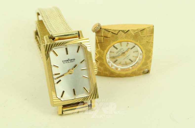 Edelstahl-Armbanduhr von Pallas mit Armbänder in 585 GG u. 1 Kettenuhr von Provita, Edelstahl vergoldet