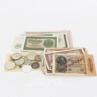 Konvolut Banknoten u. wenige Silbermünzen