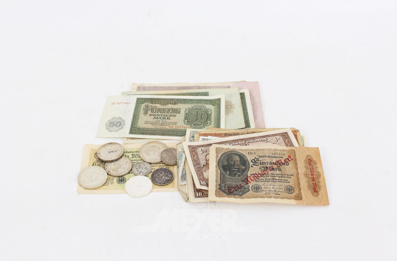 Konvolut Banknoten u. wenige Silbermünzen