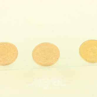 3 Goldmünzen Schweiz 20 Sfr 'Vreneli' 1883, 1935 LB u. 1947 B