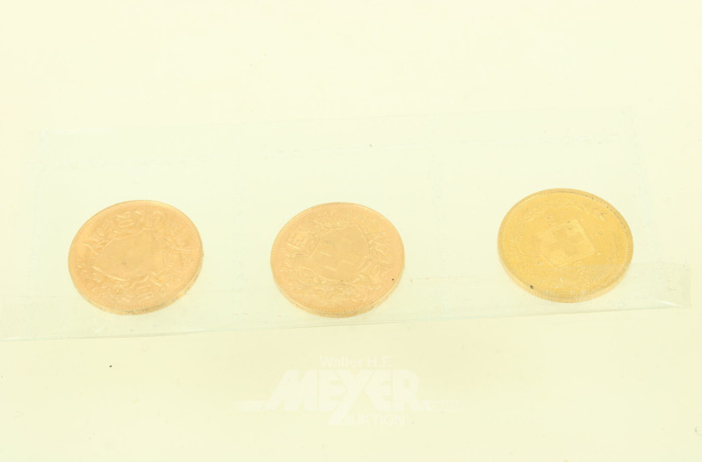 3 Goldmünzen Schweiz 20 Sfr 'Vreneli' 1883, 1935 LB u. 1947 B