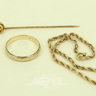 3 Teile Schmuck in 333 GG, best. aus Armband, Trauring u. 1 Stabnadel
