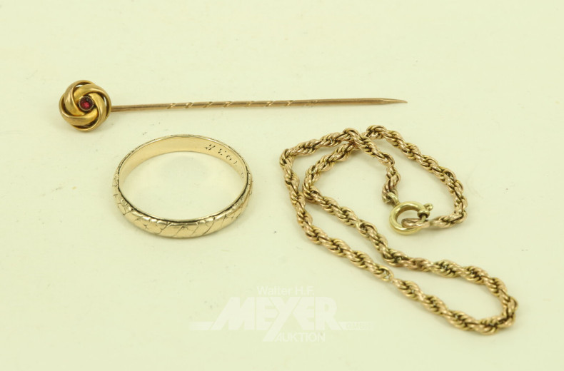 3 Teile Schmuck in 333 GG, best. aus Armband, Trauring u. 1 Stabnadel