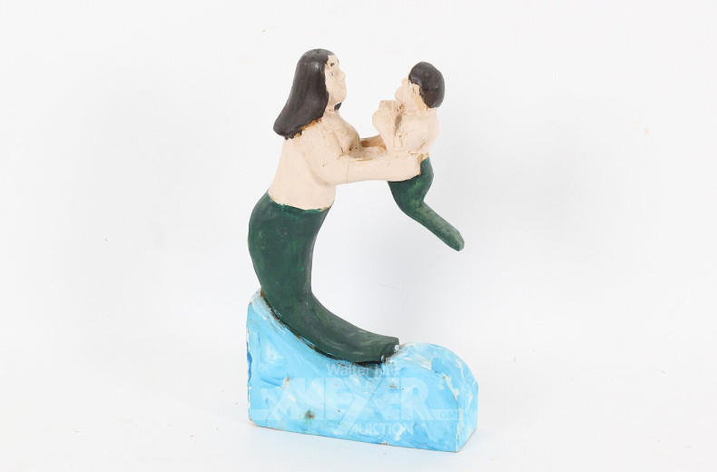 Stanley Rector, farbige Holzskulptur 'Meerjungfrau mit Kind'