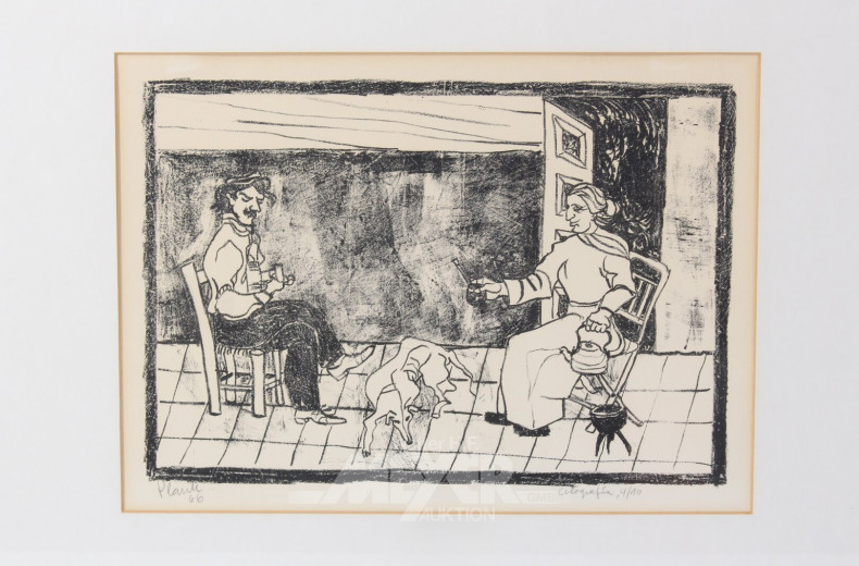 Lithografie "Beim Tee"