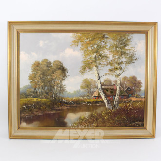 Gemälde "Bauernkate am Flusslauf mit Birke"