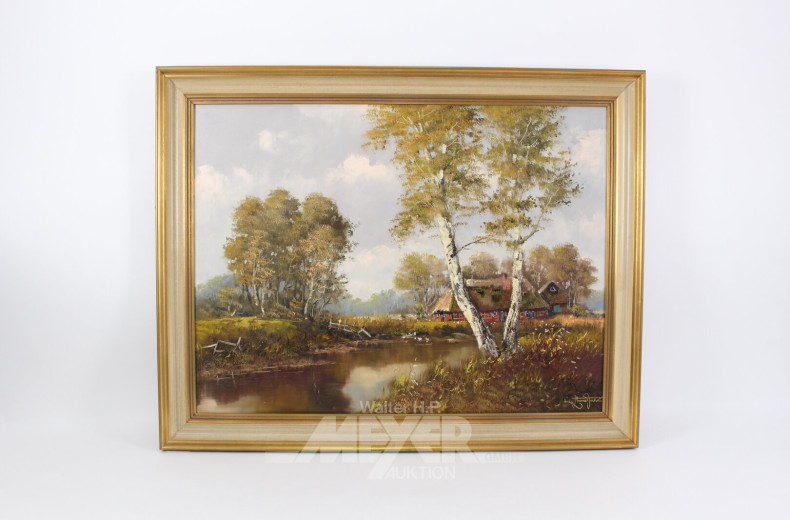 Gemälde "Bauernkate am Flusslauf mit Birke"