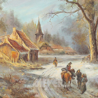 Gemälde "Winterliche Dorfansicht mit Kirche u. Staffagen"