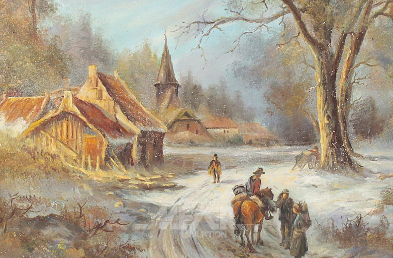 Gemälde "Winterliche Dorfansicht mit Kirche u. Staffagen"