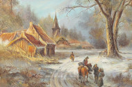Gemälde "Winterliche Dorfansicht mit Kirche u. Staffagen"