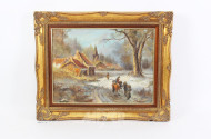 Gemälde "Winterliche Dorfansicht mit Kirche u. Staffagen"