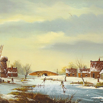 Gemälde 'Dorfansicht im Winter mit Eisläufer', 20. Jh.